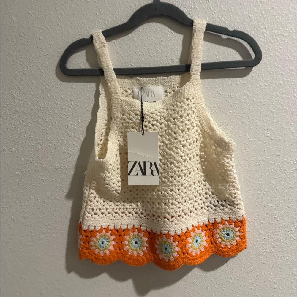 Zara Cream Crochet Tank with Orange Floral Hem